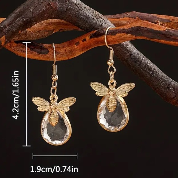 Golden Bee Water Drop Crystal Dangle Earrings - Picture 2 of 2